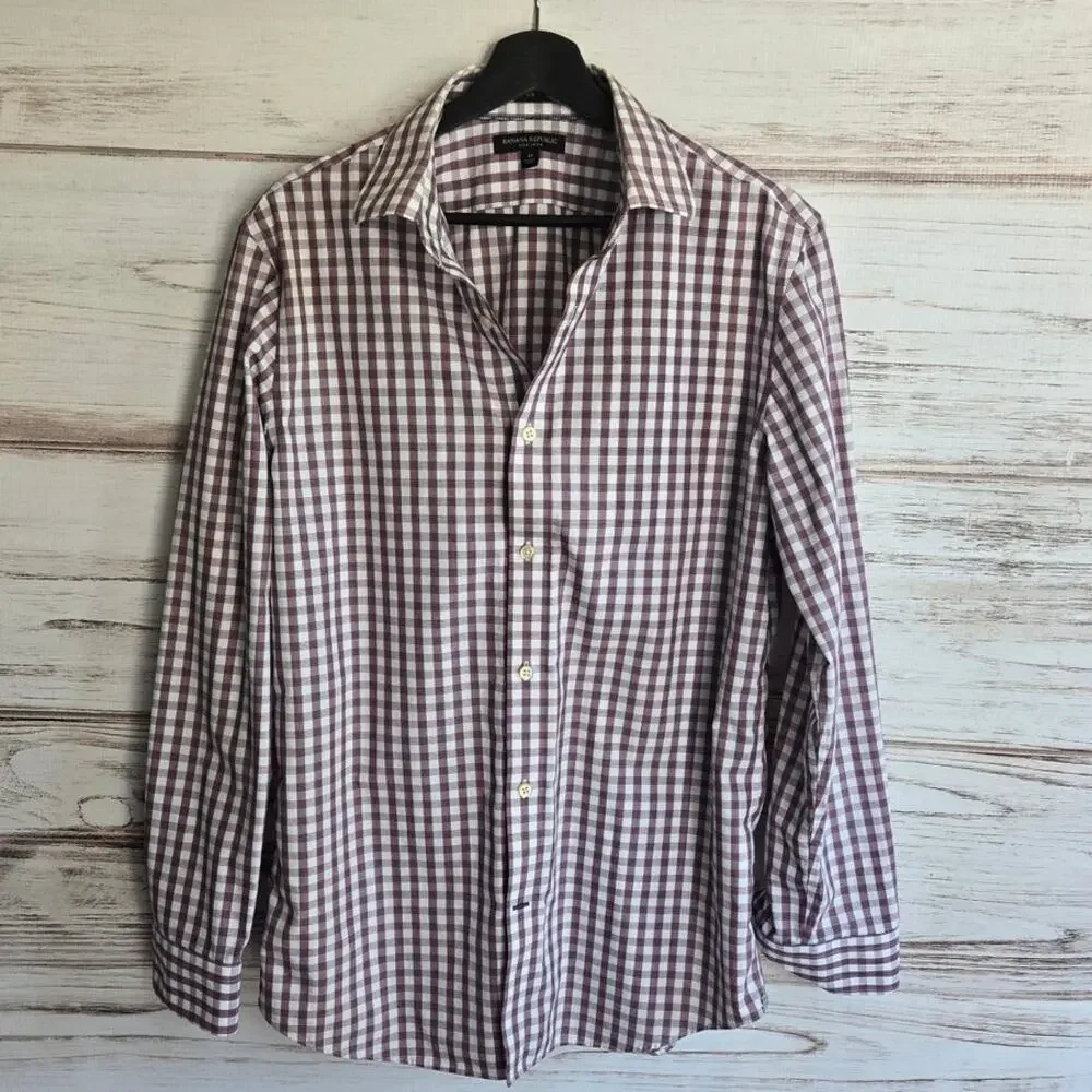 Banana Republic Slim Fit Gingham Long Sleeve Button-Up Shirt Camden Fit sz M